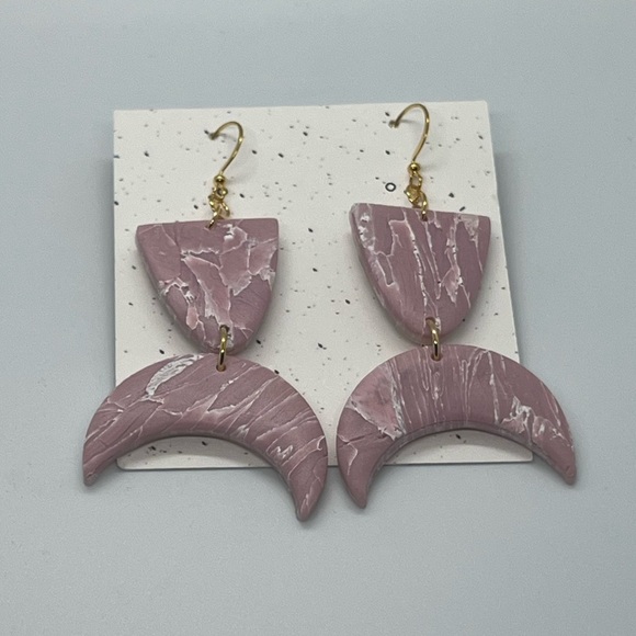 Marble Mauve Moon Polymer Clay Earrings - Picture 2 of 3